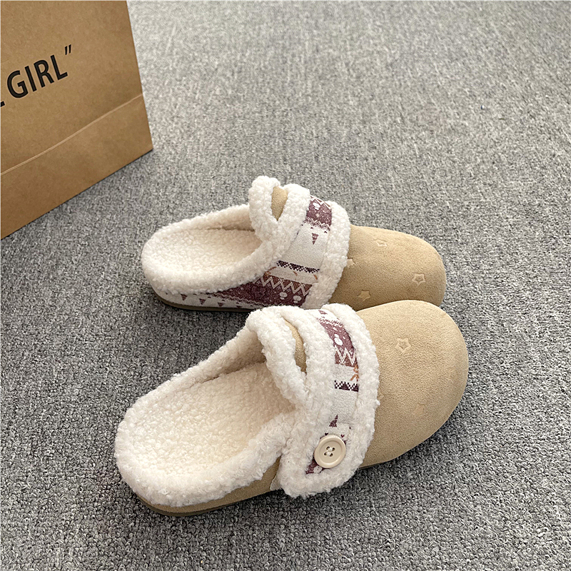 易少年 卡其色一脚蹬外穿毛毛勃肯鞋2025冬季新款加绒魔术贴棉鞋