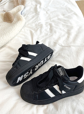 韩国复古黑色贝壳头板鞋女ins2025冬季新款学生小白鞋百搭休闲鞋