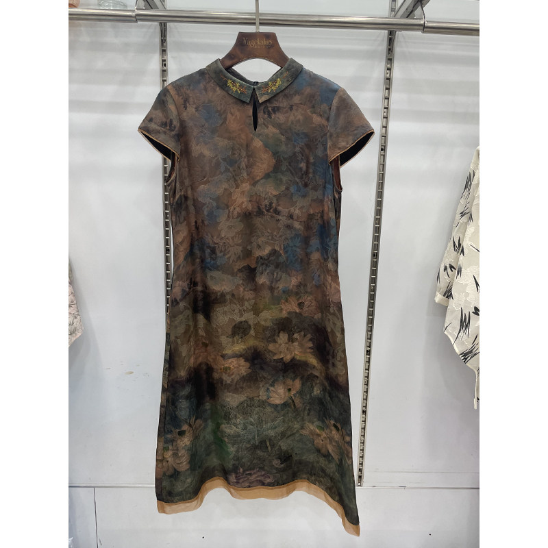 雅各卡洛23-512正品POLO领插肩短袖复古水墨印花长款桑蚕丝连衣裙
