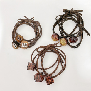 3条装 网红ins发绳复古豹纹方块m豆珍珠头绳咖色简约皮筋日韩 包邮