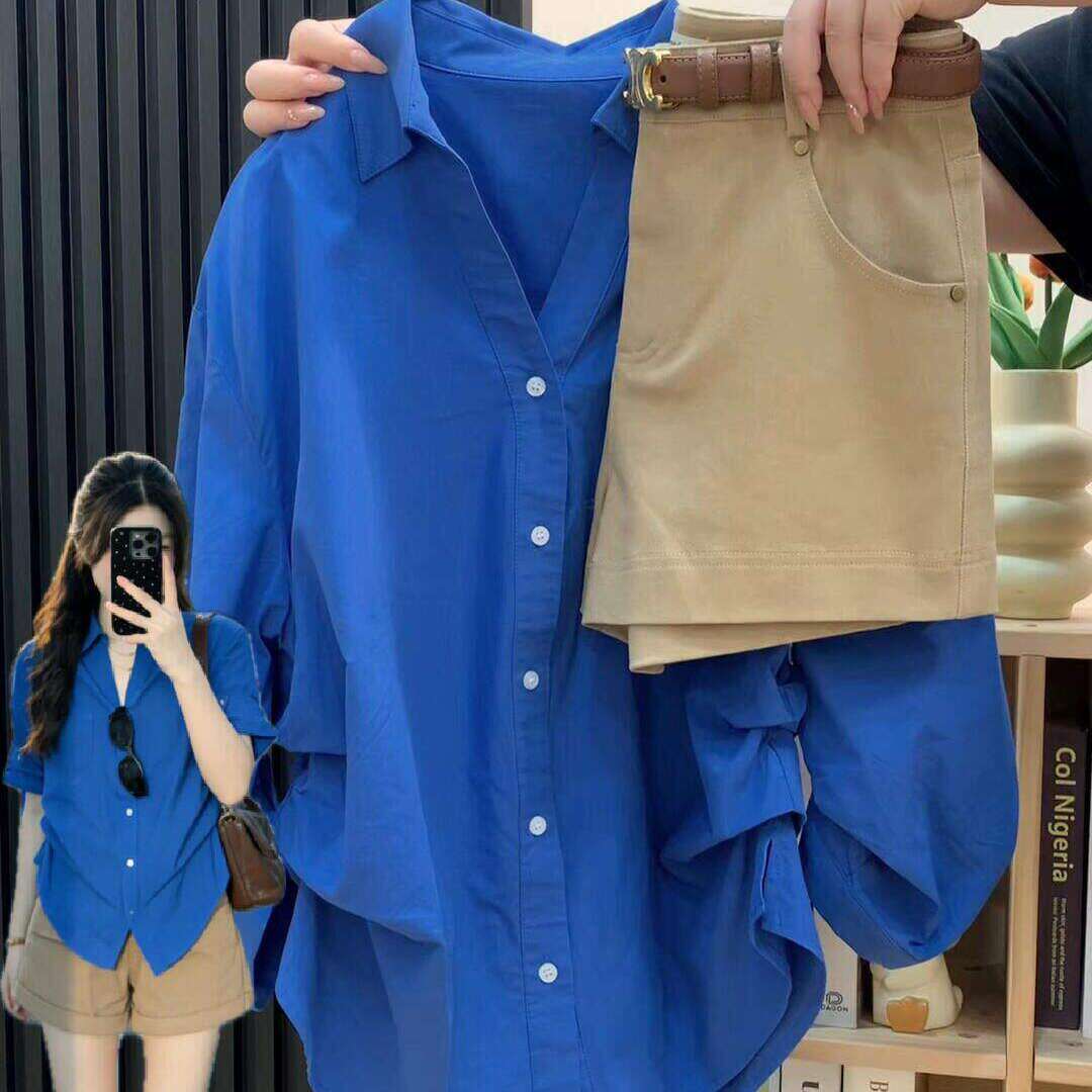 克莱因蓝polo领捏褶七分