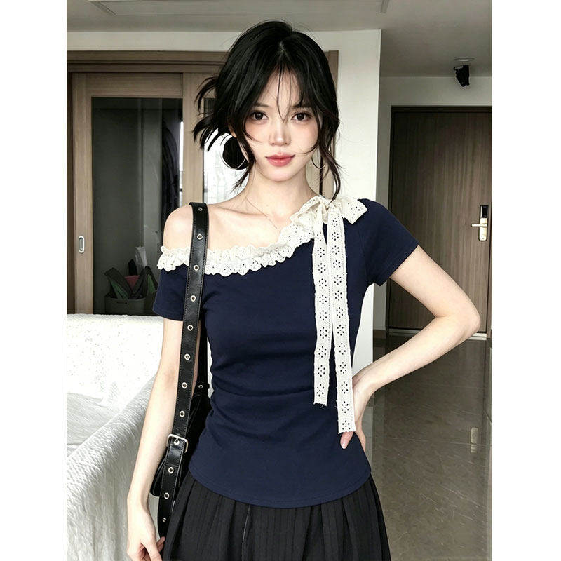 木耳边蕾丝斜肩短袖T恤女