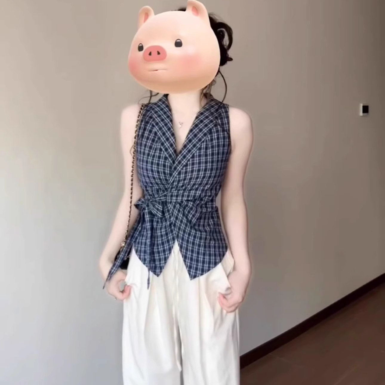 法式V领蝴蝶结绑带蓝色格