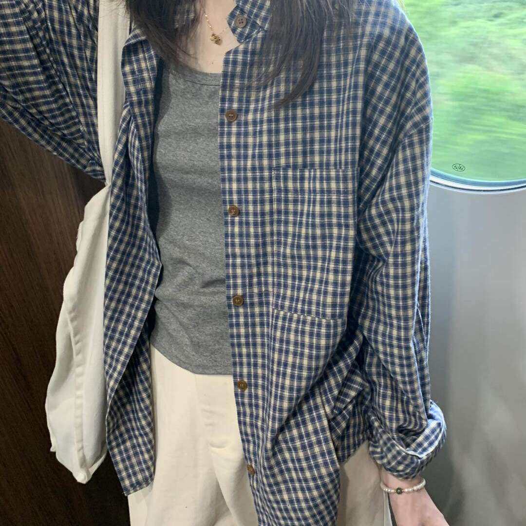韩版蓝色格子长袖衬衫女
