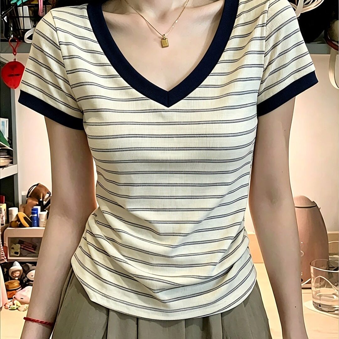 设计感小众正肩撞色条纹V