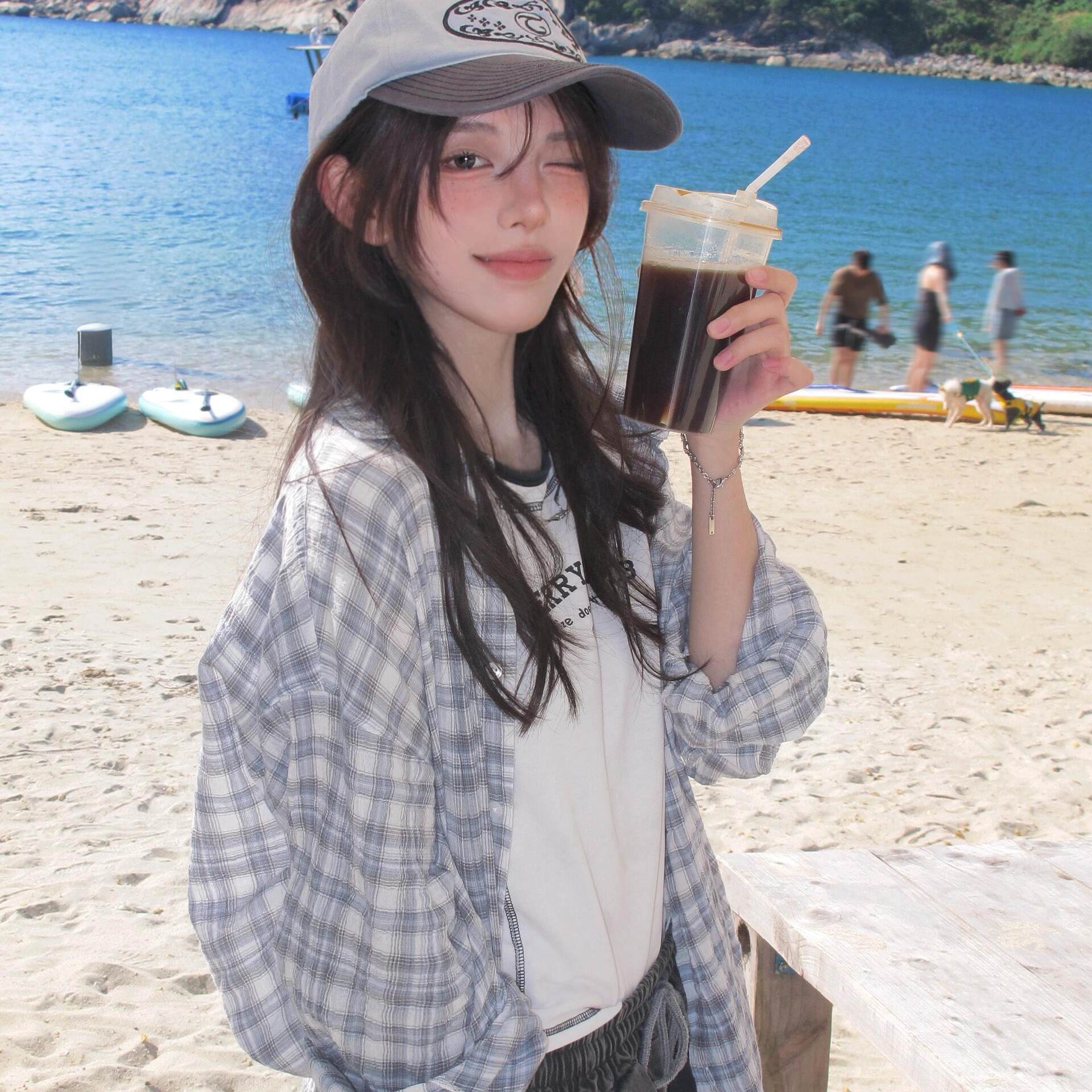 韩系蓝色格子衬衫外套女