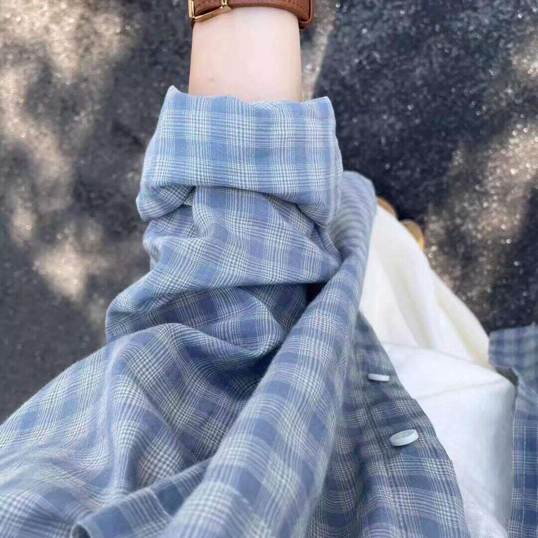 章若楠同款长袖蓝色格子