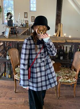 TheDouerr 曼乐之城紫灰格纹设计感娃娃外套中长款加厚毛呢大衣