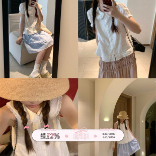 娃娃领衬衫 上衣无袖 少女感纯白镂空挖肩短袖 TheDouerr