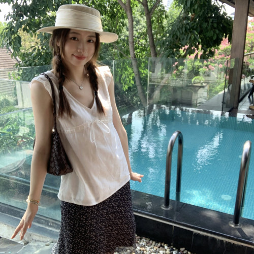 TheDouerr 小飞袖清冷感花边显瘦格纹上衣无袖背心