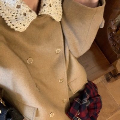 TheDouerr 钩花领精致感双排扣驼色大衣外套毛呢设计感娃娃领