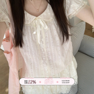 TheDouerr 上衣 糖果屋粉色碎花娃娃领蕾丝短袖