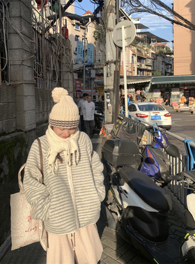 TheDouerr 韩国欧尼条纹羊羔毛撞色夹棉无领外套女保暖长袖