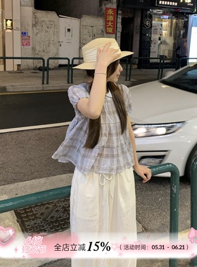 塞纳薄雾格纹蛋糕娃娃领上衣