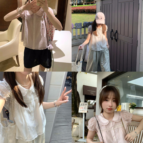 TheDouerr 乖乖女天丝三色娃娃领短袖衬衫甜美风法式减龄小衫