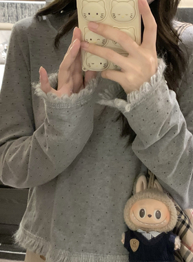 TheDouerr 奶油椰子灰波点毛线花边蝴蝶结长袖T恤