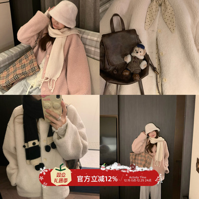 TheDouerr 奶油甜酪羊羔毛加厚无领皮毛一体外套毛茸茸仿皮冬季