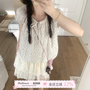 TheDouerr 眠眠熊奶蓝花苞俏皮少女元气感短袖上衣