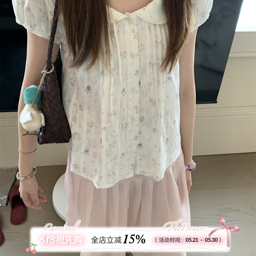TheDouerr 娃娃领小花短袖衬衫两色入衬衫泡泡袖上衣女夏