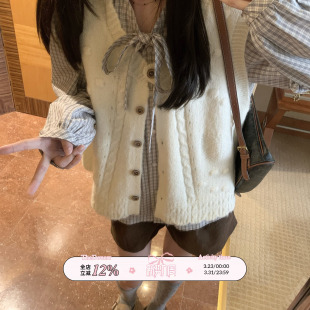 TheDouerr 上衣背心毛衣 米兰游记软糯米白麻花百搭针织马甲无袖