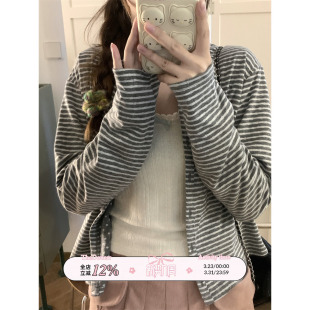 TheDouerr du家敲chic条纹波点双层特殊针织圆领开衫