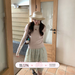 TheDouerr T恤 少女粉蝴蝶结方圆领叠穿针织短袖