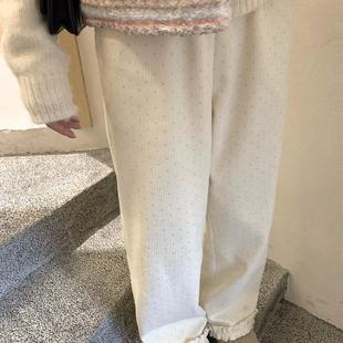 TheDouerr 芝士奶酪米白波点加绒花边松紧灯芯绒裤