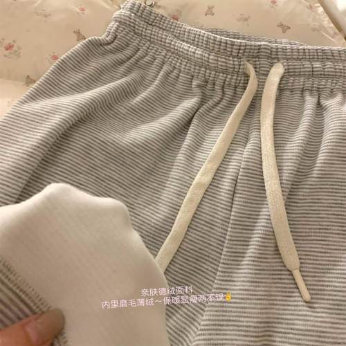 TheDouerr  条纹针织显瘦长裤德绒软糯亲肤保暖拖地长裤秋冬阔腿