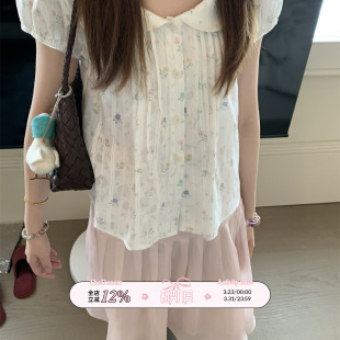 泡泡袖 TheDouerr 两色入衬衫 衬衫 上衣女夏 娃娃领小花短袖