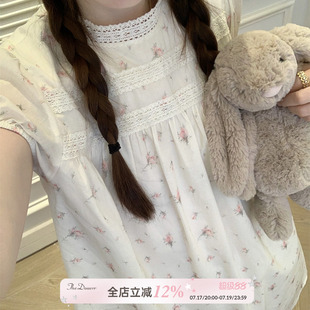 TheDouerr Nabi同款甜美蕾丝边泡泡袖碎花立领短袖连衣裙