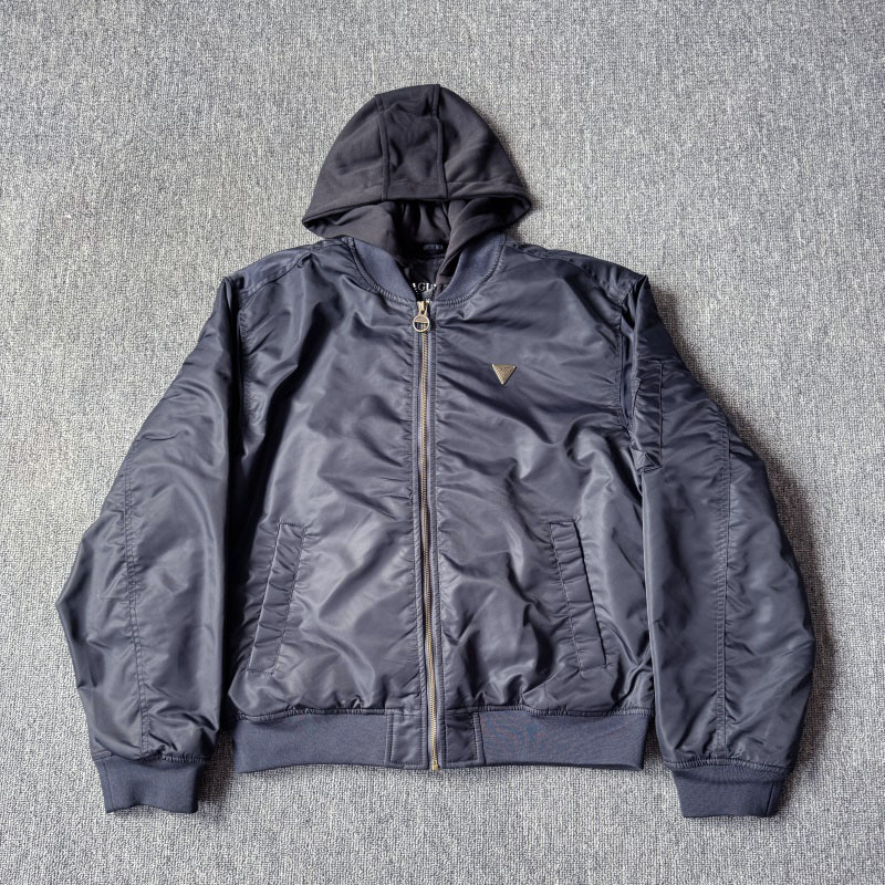 美式复古深藏青色飞行员夹克外套潮牌欧美街头可拆卸帽子棒球服男