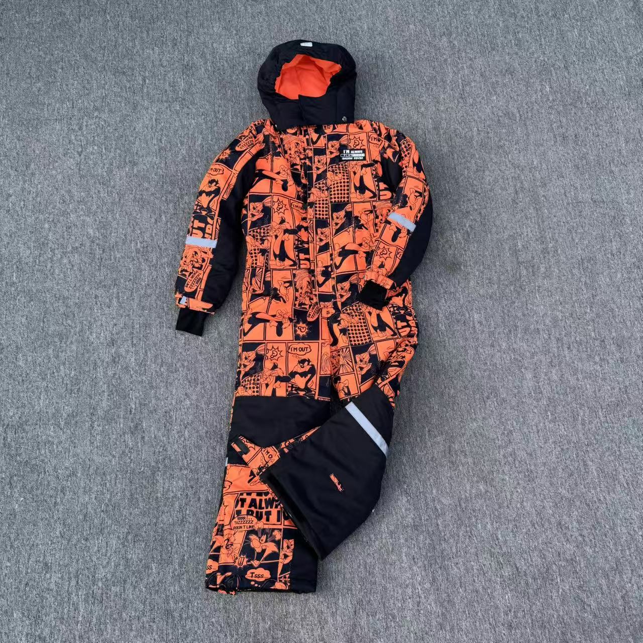 俄罗斯品牌连体棉服 卡通印花防水男女中大童冬季厚款滑雪连体服