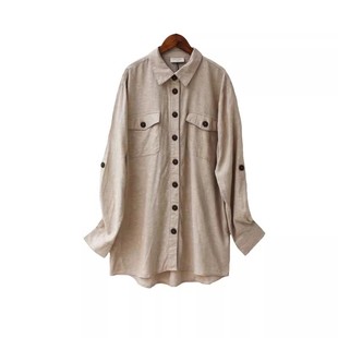 外贸原单亚麻时尚设计感小众POLO领修身显瘦中长款长袖可挽起上衣