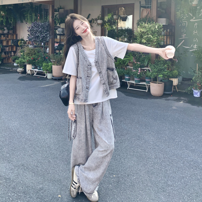  RX锐序| 甜酷风做旧水洗牛仔马甲阔腿裤三件套休闲短袖套装女