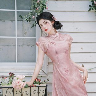 少女粉色薄纱草木染天丝改良旗袍吊带裙