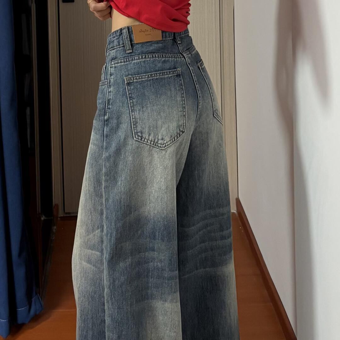 水洗做旧A版阔腿牛仔裤女夏季新款复古高腰宽松显瘦直筒拖地裤子