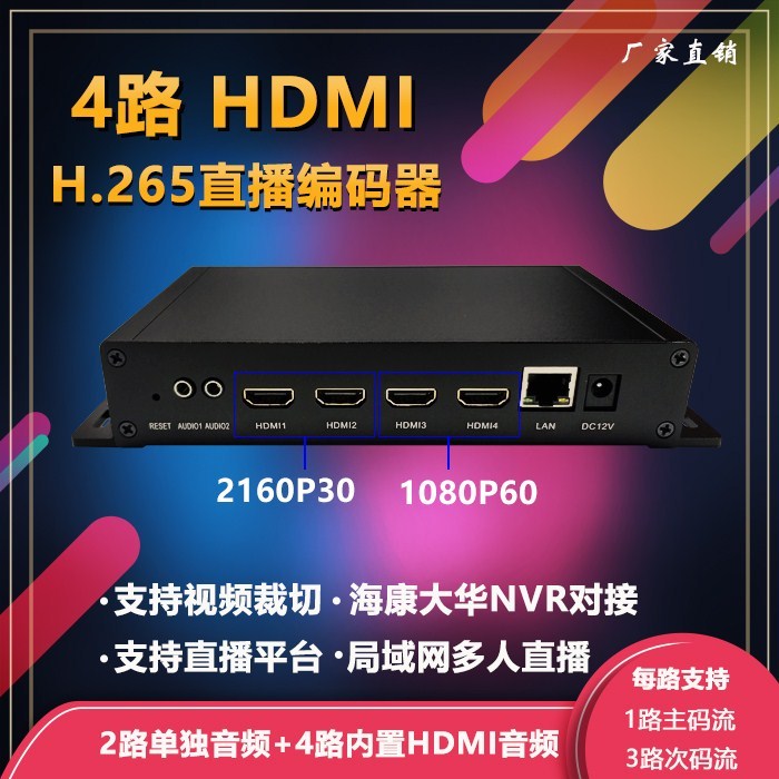 高速4路hdmi编码器 h.265 h.264 直播推流器 2路4K 2160P IPTV包