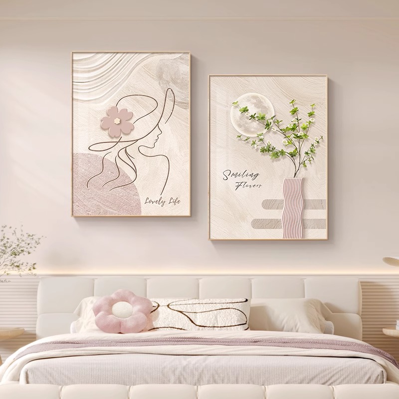 原木线条床头客厅风卧室现代装饰画双联壁画简约挂画人物抽象奶油图片