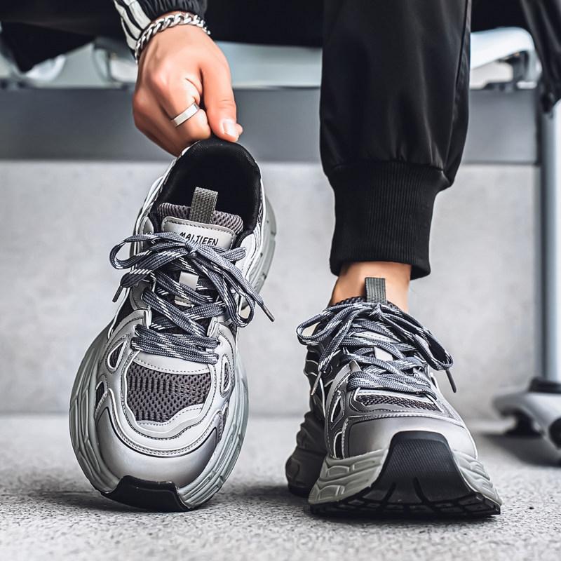 网红超火男鞋春季透气网面运动鞋男士潮流百搭跑步老爹鞋增高厚底