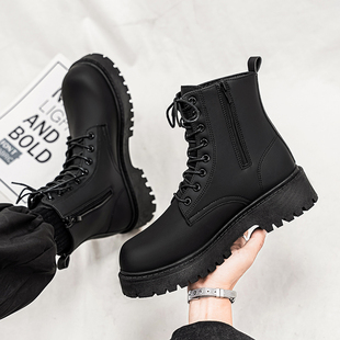 靴男款 部队马丁靴男秋季 增高机车工装 男士 英伦风男鞋 黑色高帮皮鞋