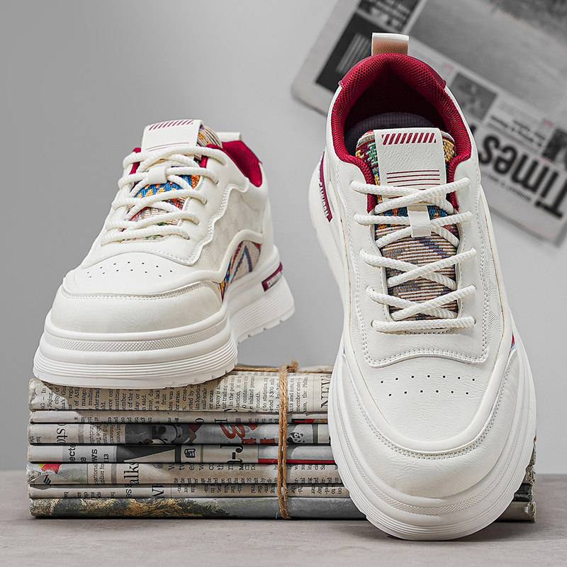 男鞋春季韩版百搭运动休闲低帮板鞋青少年皮面运动厚底增高小白鞋
