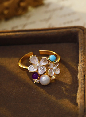 时尚喷漆花朵白色花朵戒指轻奢复古指环天然淡水珍珠戒指可调节