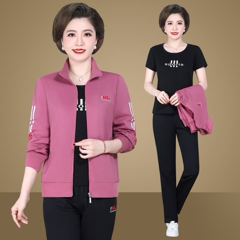 春秋款新品中老年女士妈妈装开衫三件套棉质加大码跑步运动服套装