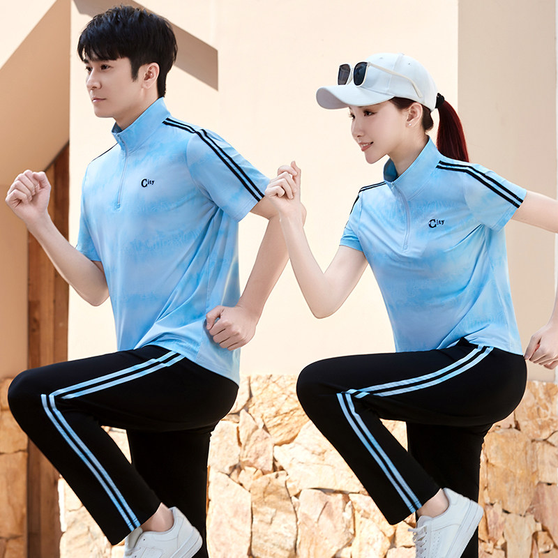 2026夏季新品男士翻领短袖长裤时尚条纹团体情侣款跑步运动服套装