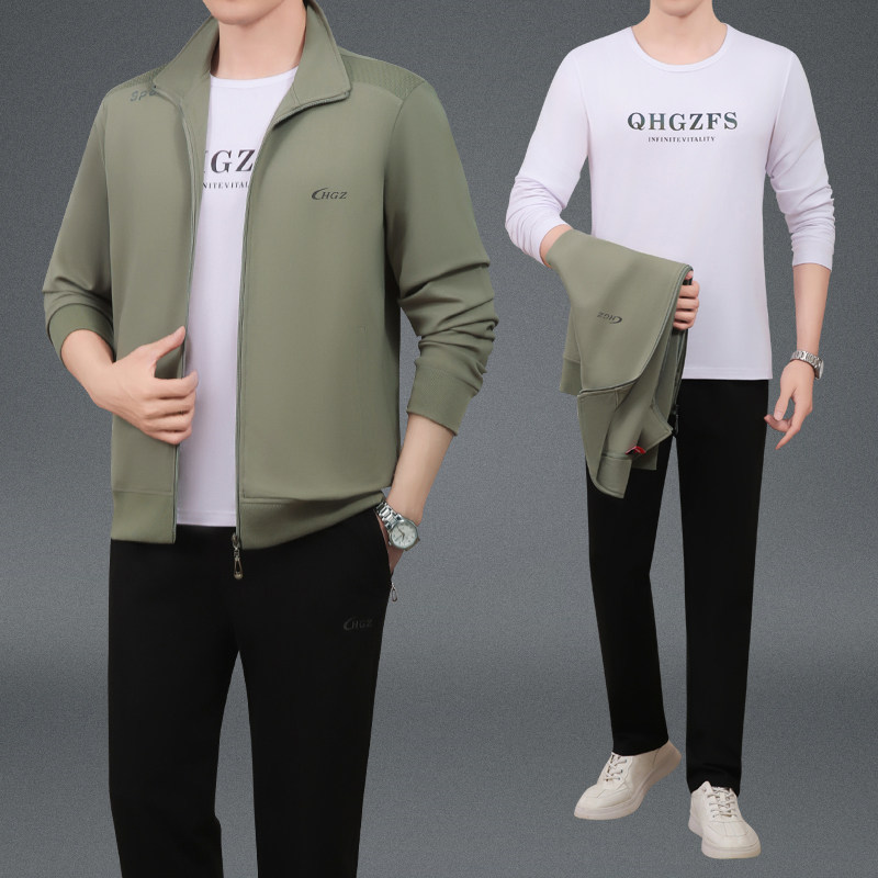 春秋季新品中老年男士爸爸装三件套开衫棉外套跑步休闲运动服套装