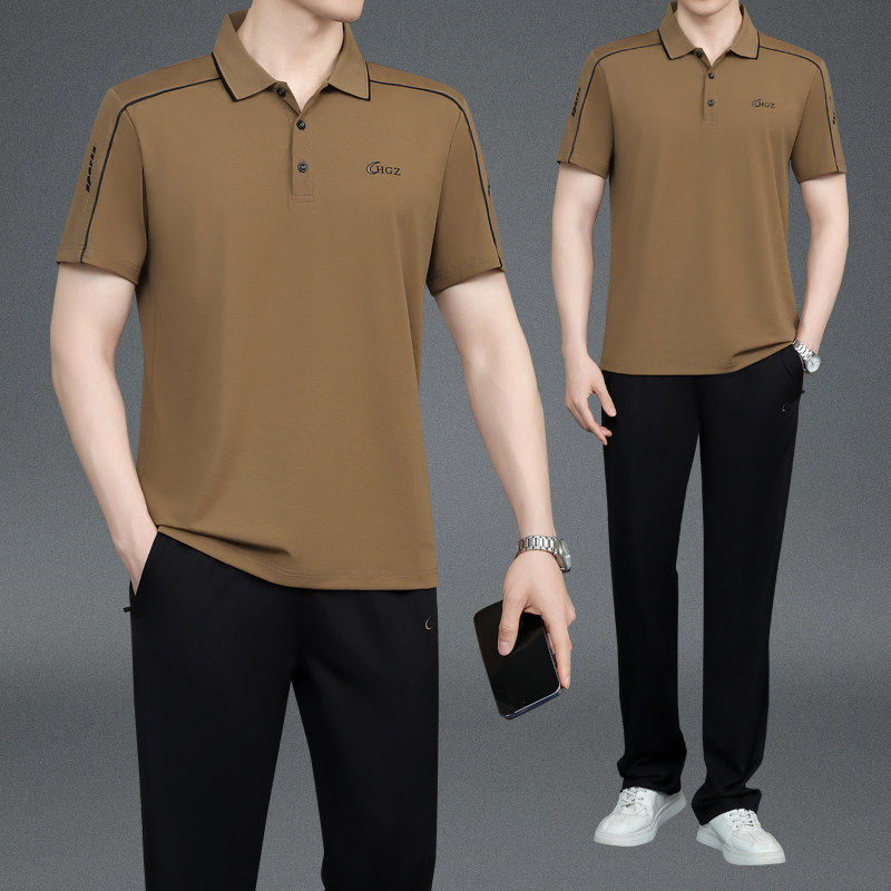 夏季新款中老年人男士父亲装翻领短袖棉质体恤长裤跑步运动服套装