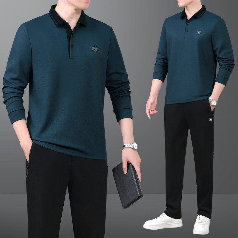春秋款中老年男士半开衫套头翻领时尚棉卫衣两件套跑步运动服套装