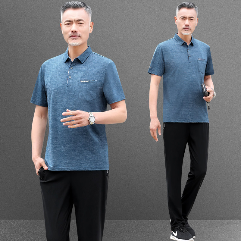 夏天季中年男士父亲装冰丝短袖长裤两件套大码跑步休闲运动服套装