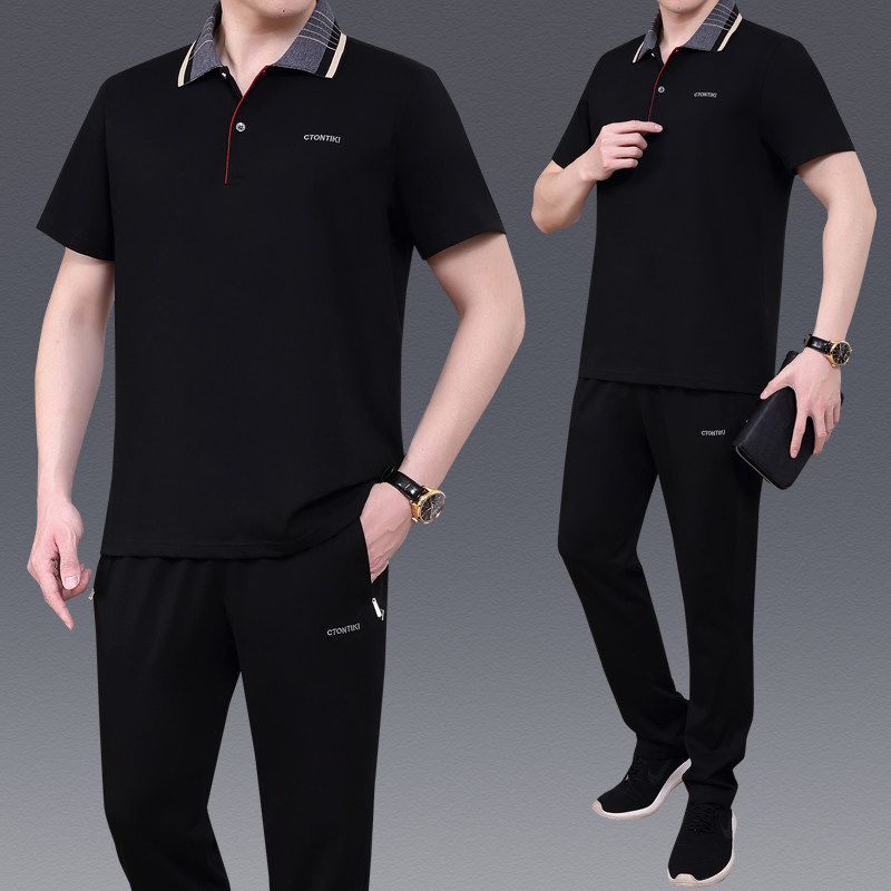 夏季款中年男士父亲装翻领短袖长裤棉宽松大码跑步休闲运动服套装