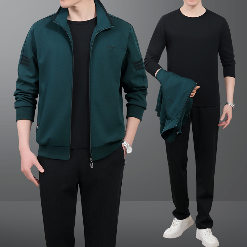 春秋款新品中老年男士爸爸装棉三件套外套宽松跑步运动服休闲套装